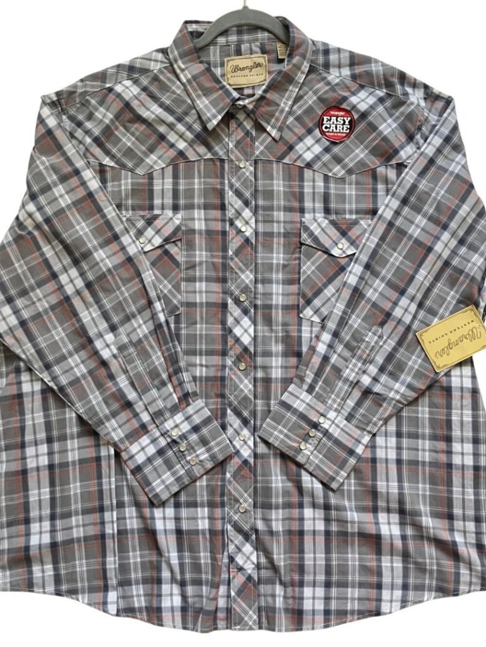 NEW Wrangler Men's Western Pearl Snap Gray & Orange Plaid Long Sleeve Shirt 3XL